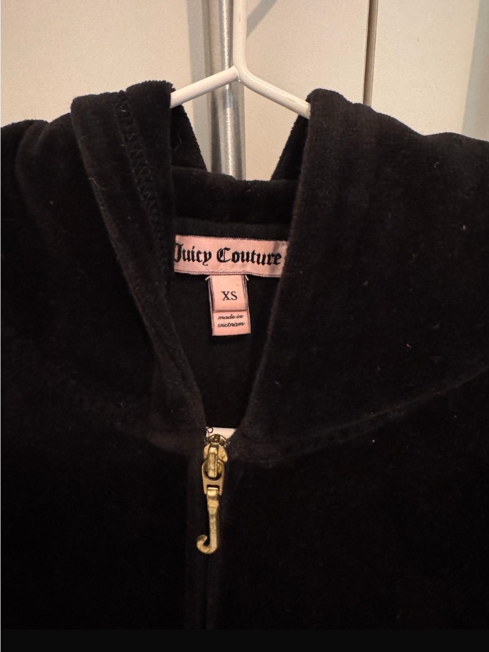 Vintage Y2K Juicy Couture Black Velour Hoodie with Gold Zip, XS
